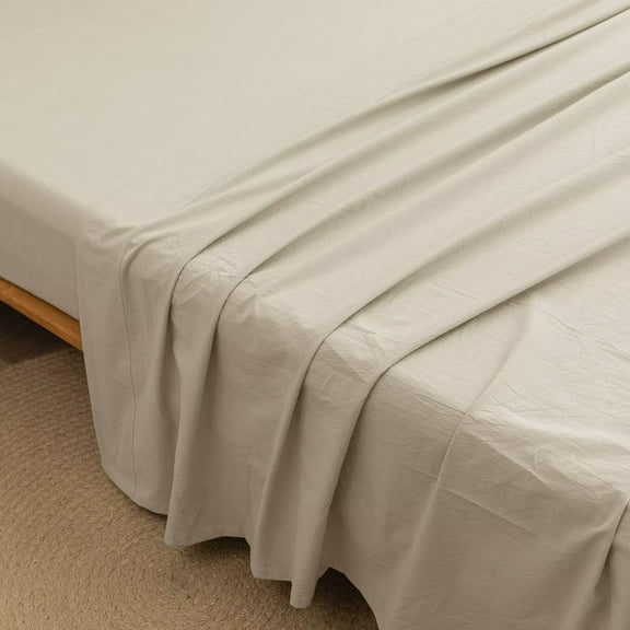 BESTOUCH Flat Sheet Only 100% Washed Cotton Linen Feel Wrinkle-Free, Fade-Resistant, Stain-Resistant, Bed Top Sheet, Solid Almond Milk Grey Queen