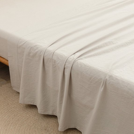 BESTOUCH Flat Sheet Only 100% Washed Cotton Linen Feel Wrinkle-Free, Fade-Resistant, Stain-Resistant, Bed Top Sheet, Solid Linen Grey Queen
