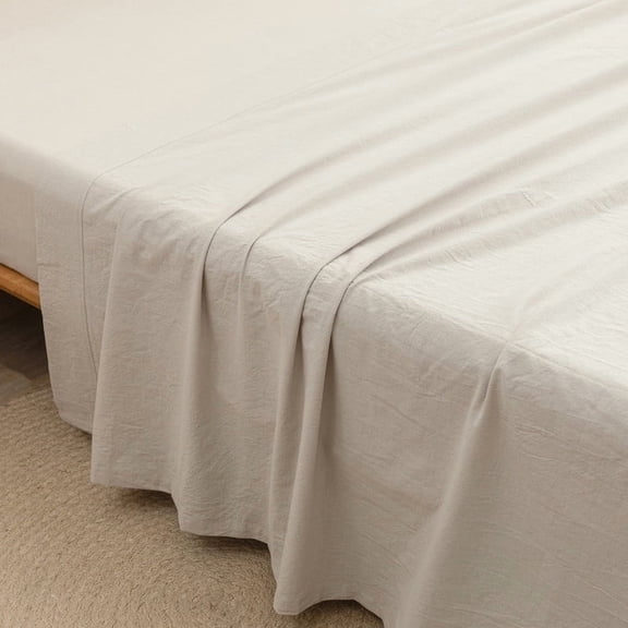 BESTOUCH Queen Flat Sheet Only 100% Washed Cotton Linen Feel Soft Breathable Fade-Resistant Bed Top Sheet Solid Linen Grey