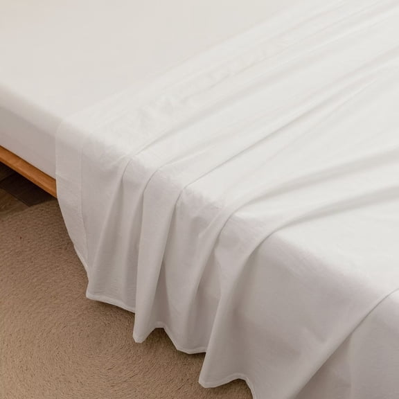 BESTOUCH Queen Flat Sheet Only 100% Washed Cotton Linen Feel Soft Breathable Fade-Resistant Bed Top Sheet Solid Off White
