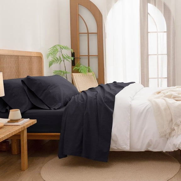 BESTOUCH Sheet Set Twin 100% Washed Cotton Linen Feel Super Soft Comfortable Chic Lightweight 3 Pcs Home Bedding Set Deep Black