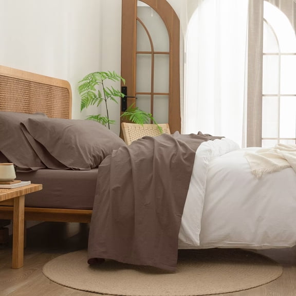 BESTOUCH Sheet Set 100% Washed Cotton Linen Feel Super Soft Comfortable Chic Lightweight 3Pcs Home Bedding Set Pine Bark Brown Twin