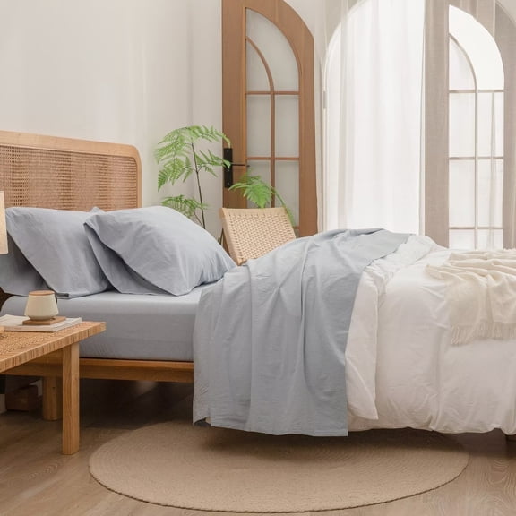 BESTOUCH Sheet Set Full 100% Washed Cotton Linen Feel Super Soft Comfortable Chic Lightweight 4 Pcs Home Bedding Set Cornflower Blue