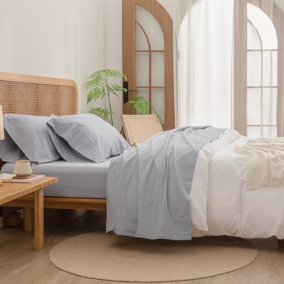 BESTOUCH Sheet Set Queen 100% Washed Cotton Linen Feel Super Soft Comfortable Chic Lightweight 4 Pcs Home Bedding Set Cornflower Blue