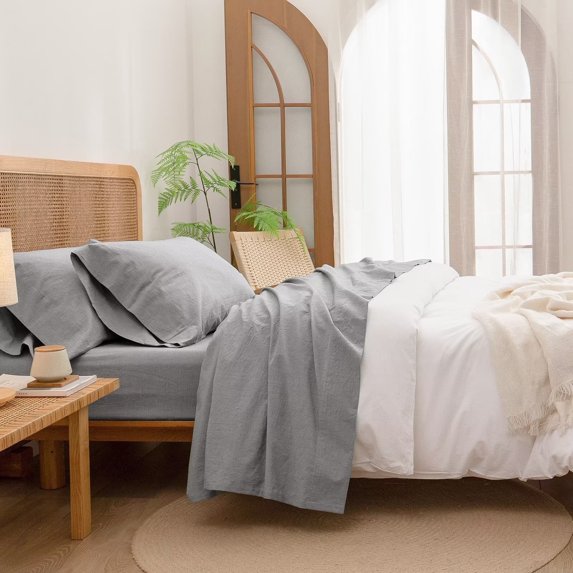 BESTOUCH Sheet Set King 100% Washed Cotton Linen Feel Super Soft Comfortable Chic Lightweight 4 Pcs Home Bedding Set Light Grey