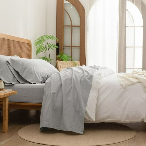 BESTOUCH Sheet Set 100% Washed Cotton Linen Feel Super Soft Comfortable Chic Lightweight 4 Pcs Home Bedding Set Northern Droplet Grey Cal King
