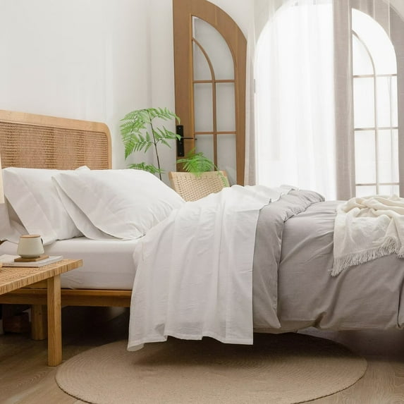 BESTOUCH Sheet Set 100% Washed Cotton Linen Feel Super Soft Comfortable Chic Lightweight 4 Pcs Home Bedding Set Off White King