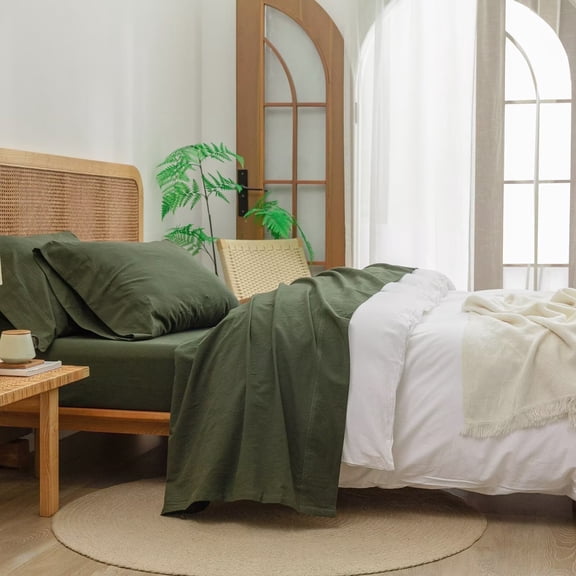 BESTOUCH Sheet Set Queen 100% Washed Cotton Linen Feel Super Soft Comfortable Chic Lightweight 4 Pcs Home Bedding Set Olive Green