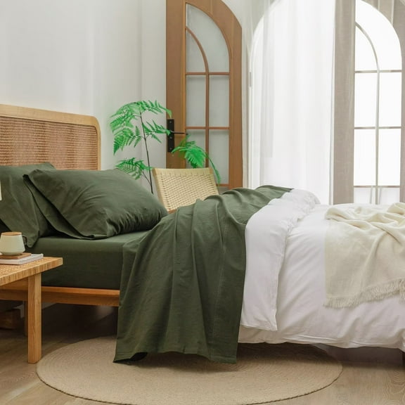 BESTOUCH Sheet Set 100% Washed Cotton Linen Feel Super Soft Comfortable Chic Lightweight 4 Pcs Home Bedding Set Olive Green Queen
