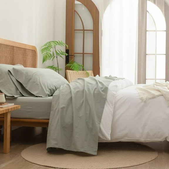 BESTOUCH Sheet Set 100% Washed Cotton Linen Feel Super Soft Comfortable Chic Lightweight 4 Pcs Home Bedding Set Sage Green Queen