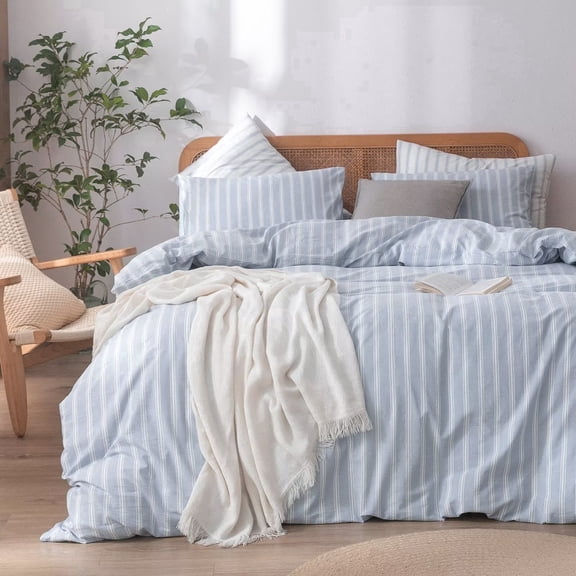 BESTOUCH Stripes Duvet Cover Set Queen 100% Washed Cotton Linen Feel Soft Chic Lightweight 3PCs (Cornflower Blue/ White Stripes)