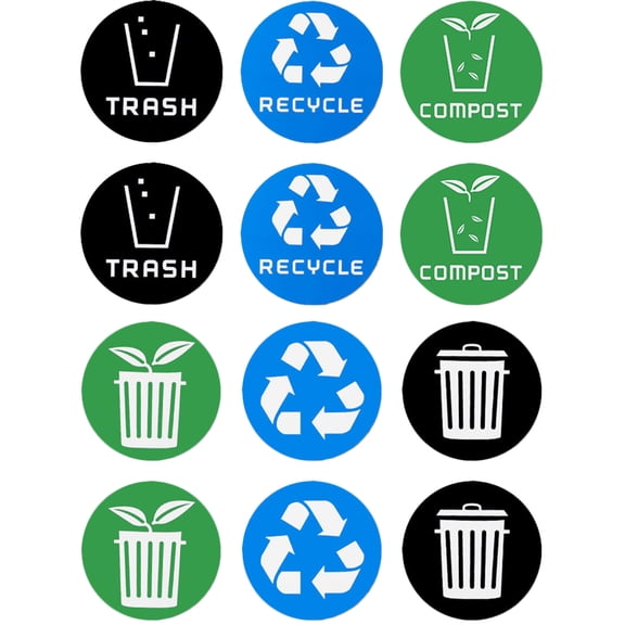 BESTOYARD 12Pcs Recycling Bin Stickers Assorted Color PVC Self Adhesive Trash Can Labels for Waste Sorting