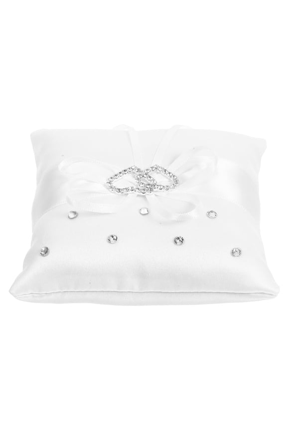 Wedding Ring Bearer Pillow White Satin with Strap Double Heart Buckle Design