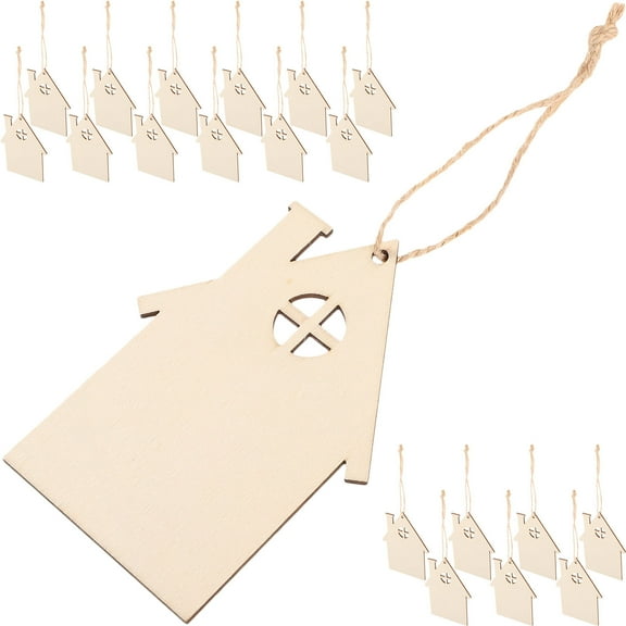 BESTOYARD Unfinished Wood Craft Houses Christmas Hanging House Ornaments Beige Hemp Rope 20Pcs