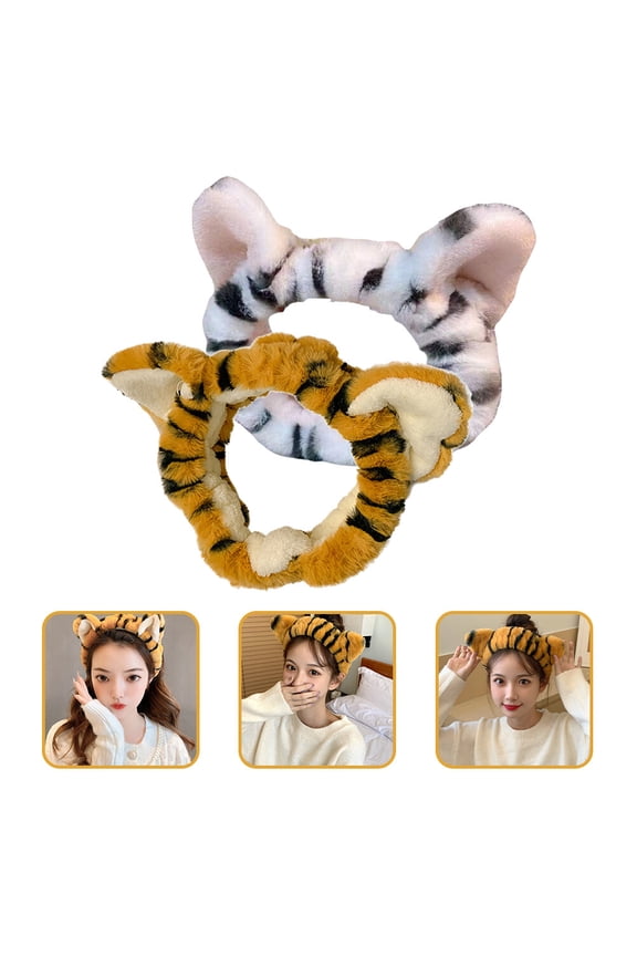 2Pcs Stretch Plush Hairband for Washing Face Makeup and Spa with Tiger Ears Decor