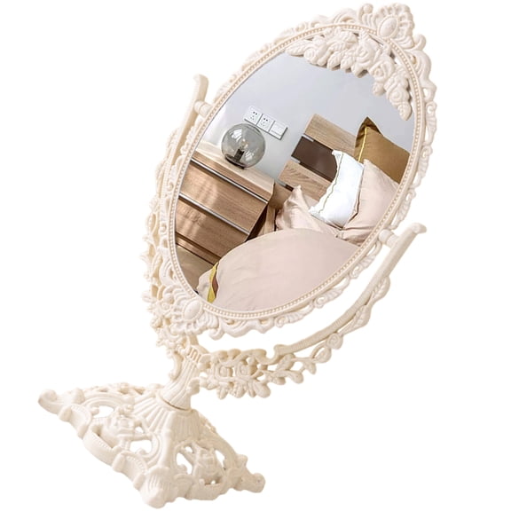 BESTOYARD Beige Glass Tabletop Makeup Mirror with Stable Base for Degree Adjustable Rotation