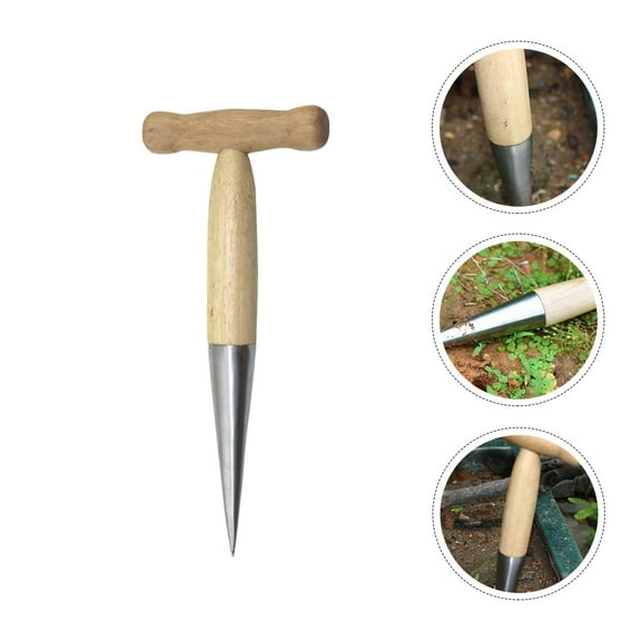 BESTOYARD Beige Stainless Steel and Wood Dibbler Garden Tool for Planting Bulbs and Loosening Soil