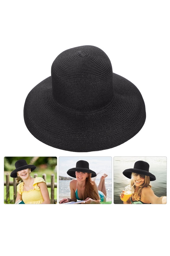 1Pc Black Outdoor Straw Hat Stylish Sunshade Hat Fine Workmanship