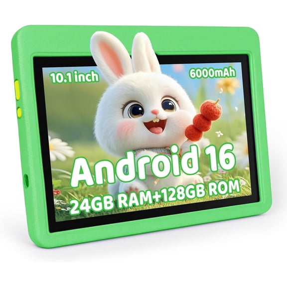BESTSKI 10 inch Kids Tablet, Android 16, 24GB RAM 128GB ROM 1TB Expand, Eye Protection IPS, Parental Control, 6000mAh WiFi 6, Shockproof Case, Green