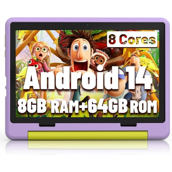 BESTSKI Android 14 10inch Kids Tablet with Protective Case,Octa-Core,8GB RAM+64GB Rom(1TB Expandable)Dual Camera,Parental Control,Pre-Intalled KIDOZ,Great Gift for Toddler-Purple
