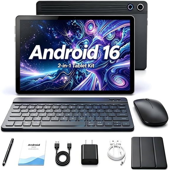 BESTSKI Android 16 10.1 Inch 2-in-1 Tablet Bundle, 20GB + 64GB (1TB Expandable) with Keyboard, Mouse, Stylus & Case, Black