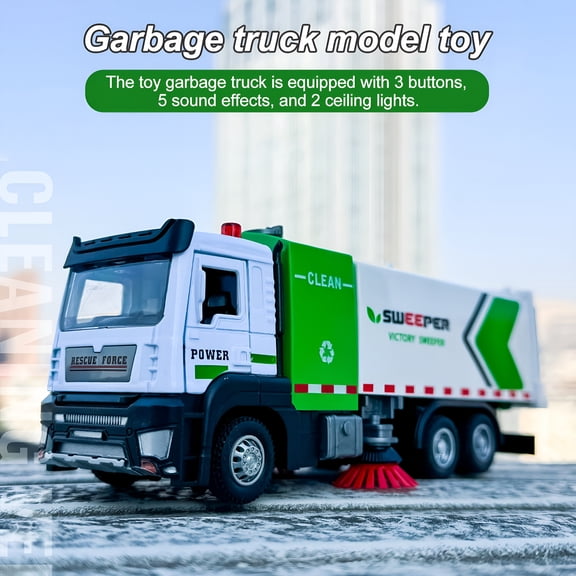 BESTSKY 1:32 Scale Sanitation Garbage Truck Toy, Friction Powered Street Sweeper with Lights and Sounds, Pull Back Vehicle Gift