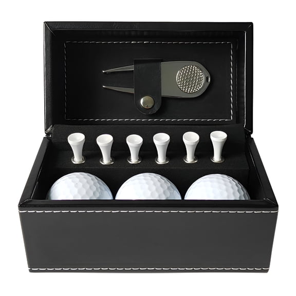 BESTSKY 1 Set Golf Gift Box with 3 Balls, 6 Tees, Metal Divot Repair Tool, Hat Clip - Golf Accessories Kit - Faux Leather Case - Men and Women - Professional Beginner Golfer Gift