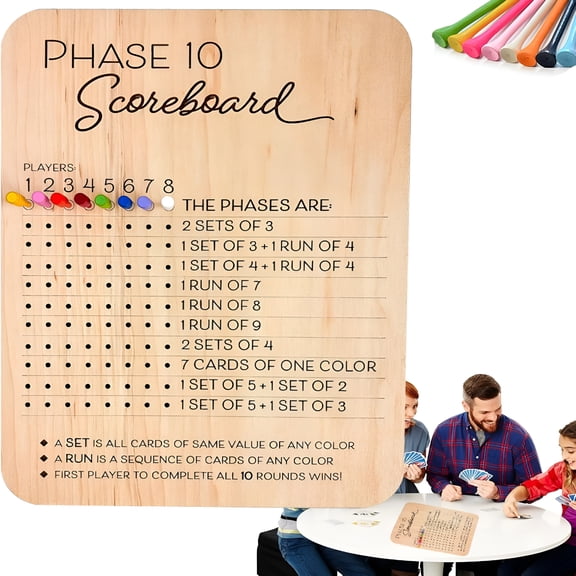 BESTSKY 10 Score Board, Wooden Scoreboard with 8 Colored Pegs for Phase 10 Card Game, Score and Round Tracker for Families, Adults