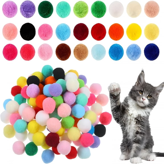 BESTSKY 100 Pcs Cat Puff Ball Toys, Soft Cat Pom Pom Balls Fuzzy Balls for Cats Cute Pompoms for Indoor Kitten Playing Exercising or Craft DIY Creative Crafts Decorations