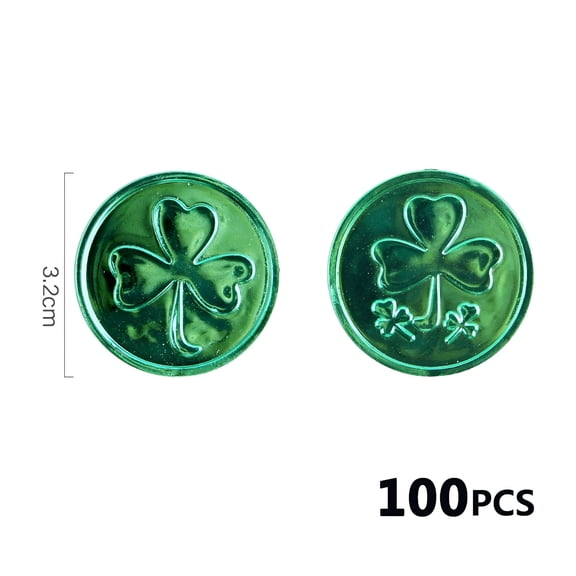 BESTSKY 100Pcs St Patricks Day Plastic Coins, Lucky Shamrock 3 Leaf Clover Props for Treasure Hunt Games, Party Favors and Decorations