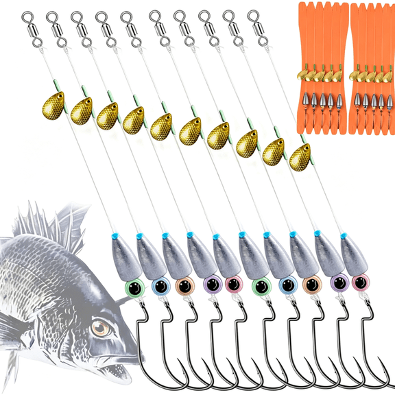 BESTSKY 10Pcs Fishing Bullet Weights Texas Rigs Ready Kit,Worms,Sinker (10G/7G/5G),Worm Hooks,Carbon Line,Spinner Blades,Eye Beads Bait,Fishing Bass Rig Saltwater Freshwater
