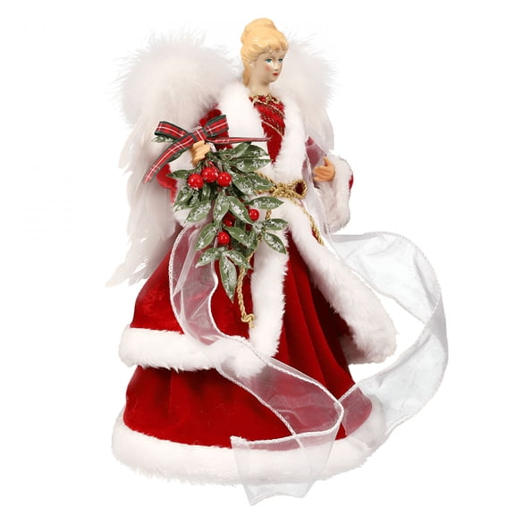 BESTSKY 12.6Inch Angel Tree Topper Christmas Tree Topper with White Feather Wings,Led Lighted Xmas Tree Topper Angel Figurine Ornament Christmas Tree Decorations for Home Christmas Decor Red