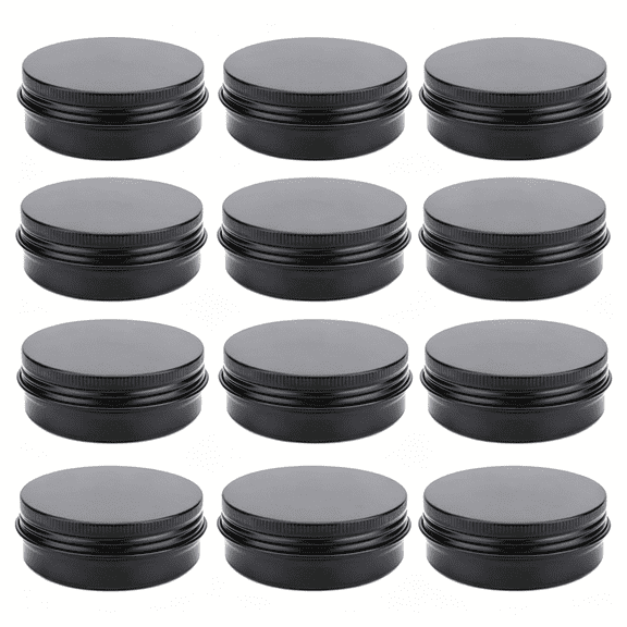 BESTSKY 12 Pack 2 Oz Aluminum Tin Jar 60 Ml Round Refillable Containers,Black Aluminum Cosmetic Sample Containers with Screw Lid for Spice,Salve,Powder Or Candies