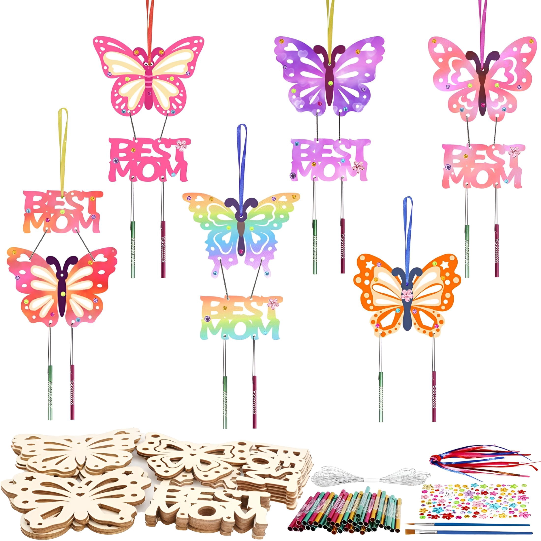 BESTSKY 12 Pack Butterfly Wind Chime Kit for Kids Make Your Own Mother’S Day Craft Kit Diy Coloring Wooden Art and Craft for Mom’S Birthday Decoration from Son Daughter