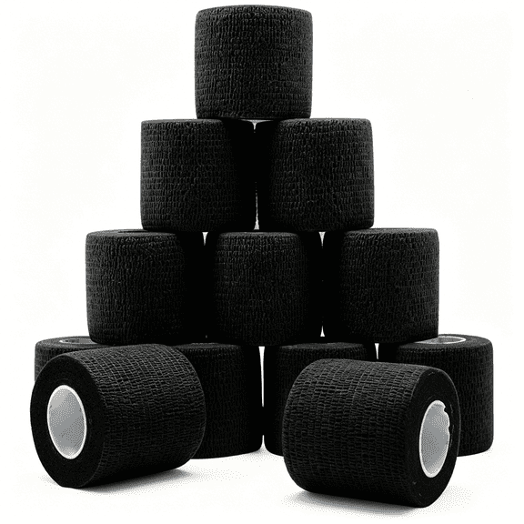 BESTSKY 12 Rolls Self Adhesive Bandage Wrap, Elastic Athletic Tape, Self Stick Bandage Tape, Vet Wrap, Medical Wrap for Wrist, Feet, 2" X 5 Yards - Black