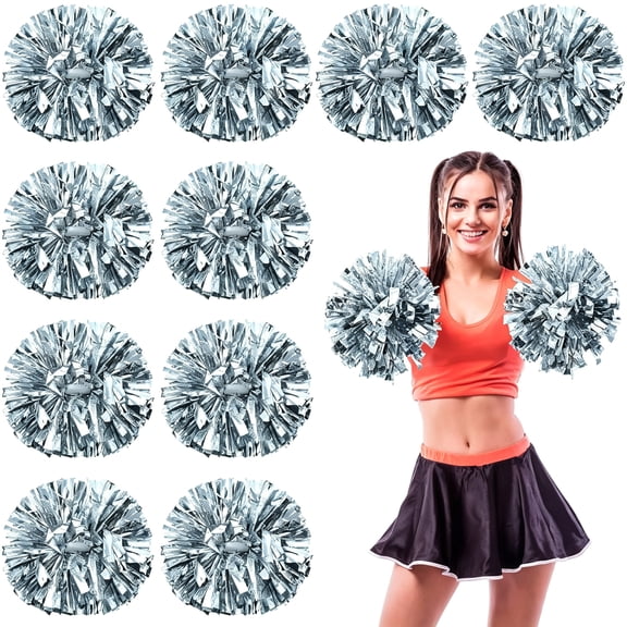 BESTSKY 12Pcs Cheerleading Pom Poms Bulk Metallic Foil Cheerleader Pompoms with Baton Handle for 2026 Soccerball Basketball Cheering Squad Team Game Sports Dance Party Spirit (Silver)