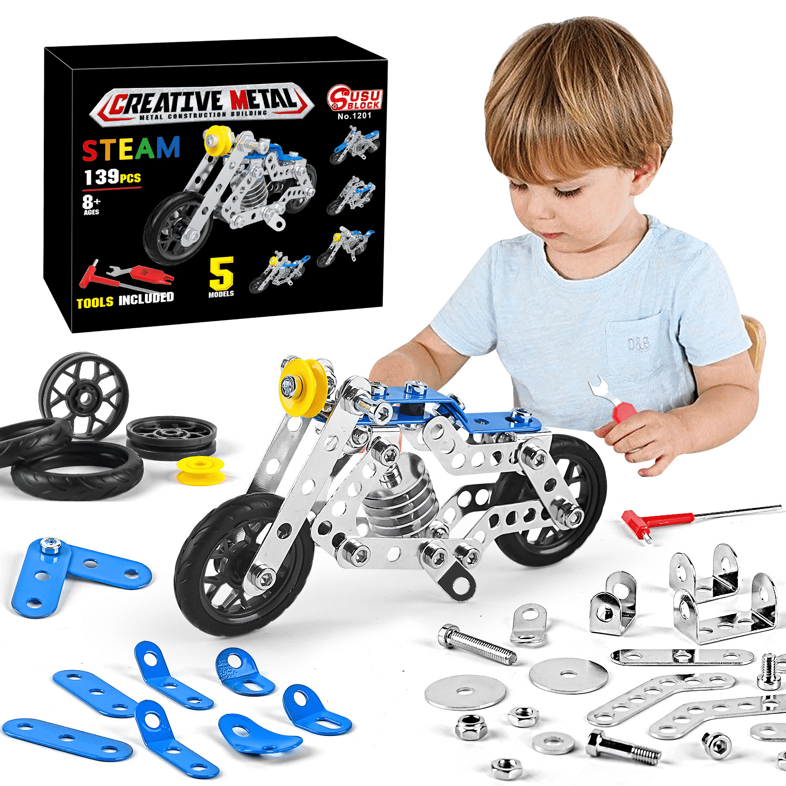 BESTSKY 139Pcs Erector Set Hands-On Tools Construction Toys Perfect Design Boys Gifts 10-12 Years Old Colorful Blocks Motorcycle