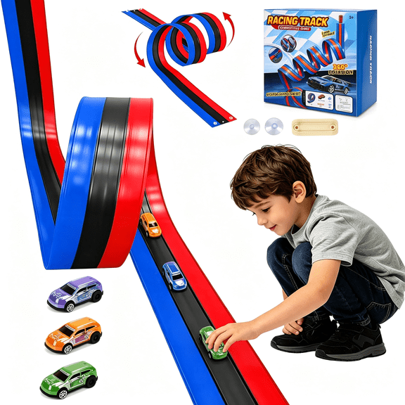 BESTSKY 16.4Ft Flexible 3-Lane Race Track for Kids-Diy Bendable Wall Racing Ramp with 3 Pull-Back Cars,Suction Cups-Portable Roll-Up Toy Car Track Compatible with 1:64 Die-Cast Cars