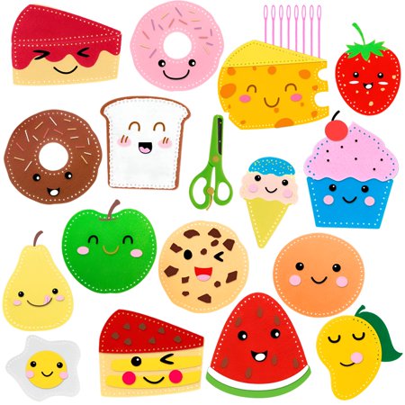 BESTSKY 16Pcs Kids Sewing Kit Food Theme Sewing Craft Kit Colorful Felt Sewing Craft Kit Educational Sewing Crafts DIY Crafting and Sewing Set with Thread Needle Scissors Stuffing for Beginners Kids