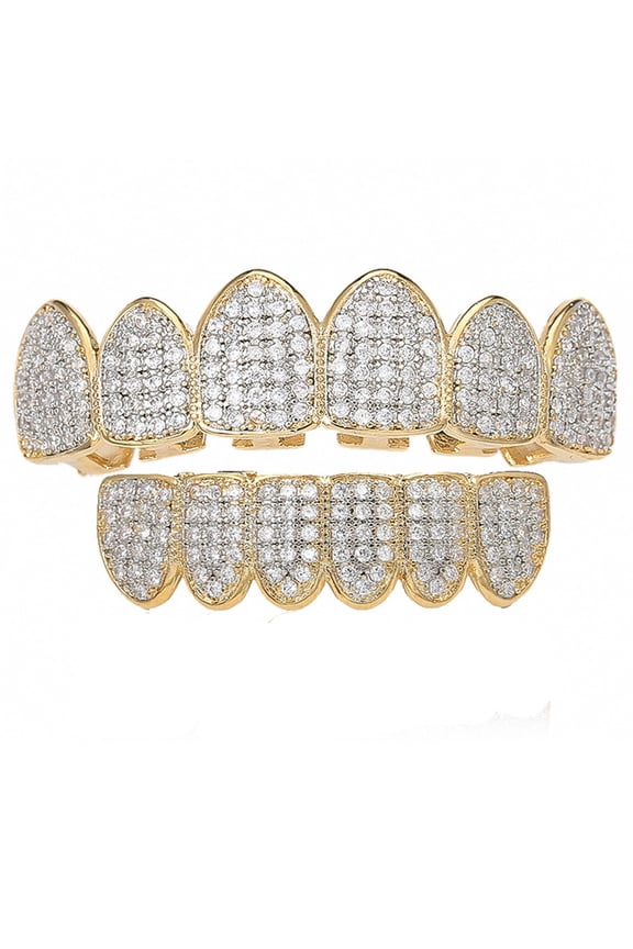 18K Gold Plated Diamond Hip Hop Teeth Grillz Top Bottom Mouth Grill Set, Gold Grillz Diamond Grillz Custom Grillz for Women Men Hip Hop Jewelry
