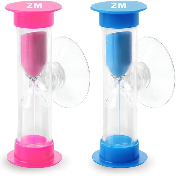 BESTSKY 2 Minute Sand Timer with Suction Cup,Small Blue and Pink Acrylic Hourglass Sand Clock Set,Plastic Glass Mini Sandglass for Toothbrush Classroom Games Kitchen (Pack of 2)