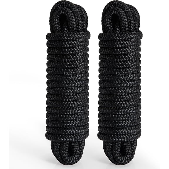 BESTSKY 2 Pack 3/8" x 15' Dock Lines, Nylon Boat Ropes, Black | Double Braided Boat Lines for Docking with 12" Loop, Marine-Grade High Strength Dock Ropes for Boats, Pontoons, Fishing Boats