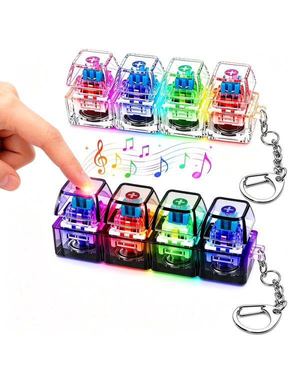 2 Pack Keyboard Fidget Keychain with Led Lights,4-In-1 Stress Relief Clicker Toy,Keyboard Button Finger Clicker for Anxiety Relief,Sensory Decompression Toy for Kids & Adults (Transparent)