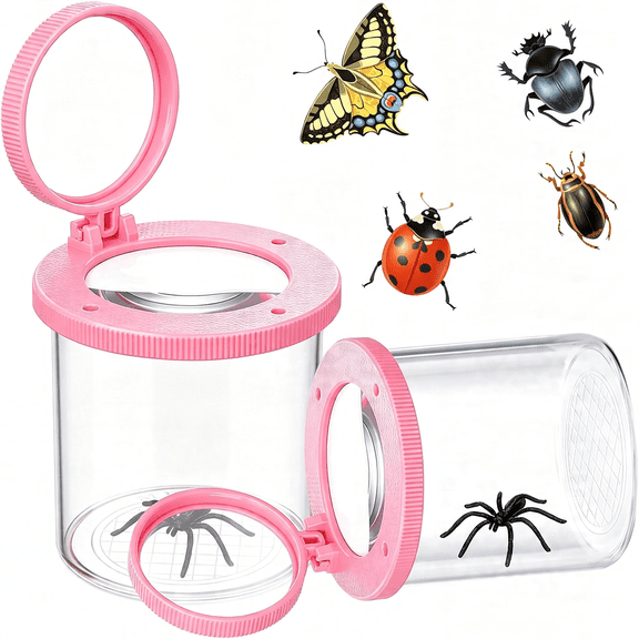 BESTSKY 2 Pieces Bug Jars Insect Viewer Catcher Bug Magnifying Insect Cage Container for Kids Children Science Nature Exploration Tool (Pink) Bug Magnifier for Kids