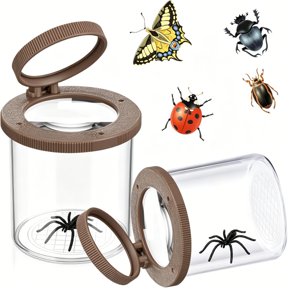 BESTSKY 2 Pieces Bug Jars Insect Viewer Catcher Bug Magnifying Insect Cage Container for Kids Children Science Nature Exploration Tool(Brown)