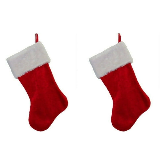 2 set of 17" Traditional Red with White Trim plush Cuff Hanging Christmas holiday Stocking Decoration