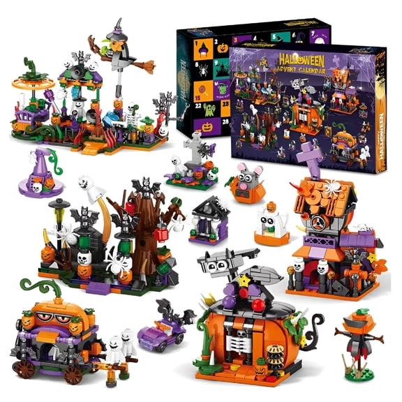 BESTSKY 2025 New 31-Day Halloween Advent Calendar Halloween Box Building Blocks Countdown Calendar-Haunted House Gift Box Train Set Ghosts Mini Building Block Advent Calendar Gifts