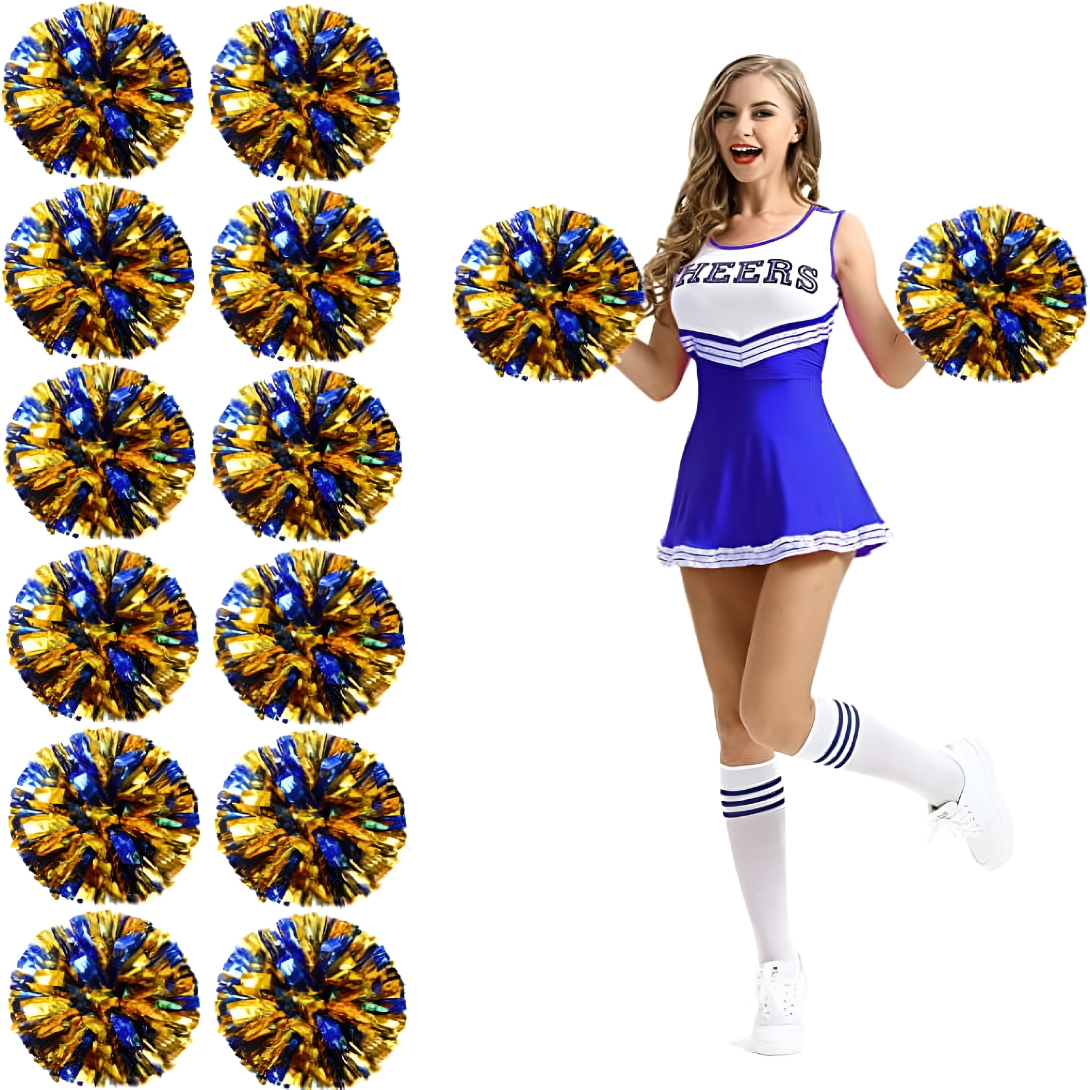 BESTSKY 2026 New 12Pcs Cheerleading Pom Poms with Finger Holes Metallic Foil Cheer Pom Poms for Dance, Matches, Team Spirit Sports, Stage Performance, Carnival Celebration (Blue Gold, Large)