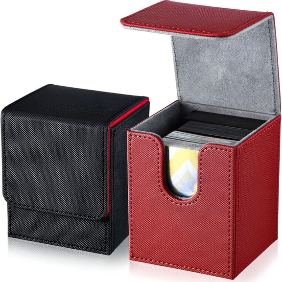BESTSKY 2026 New 2 Boxes Leather Deck Card Boxes Large Size Fit 100 Plus Sleeved Cards Deck Game Box for Collectible Cards Deck Playing Card Box(Black Red,Red,Vertical)