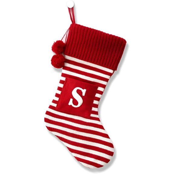 BESTSKY 2026 New 20 Inches Initial Monogram Embroidered Christmas Stocking Striped Knitted Christmas Decorations Stocking Red White Green Letter Stockings for Family Holiday&Xmas Tree Fireplace Decor